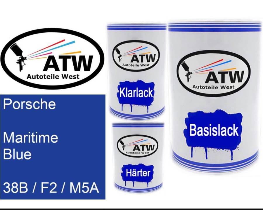 Porsche, Maritime Blue, 38B / F2 / M5A: 500ml Lackdose + 500ml Klarlack + 250ml Härter - Set, von ATW Autoteile West.